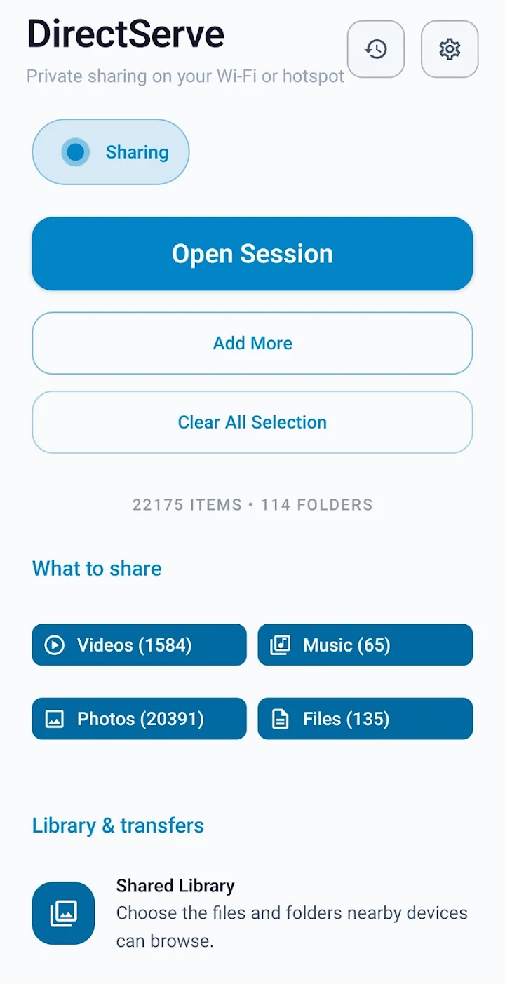 DirectServe screenshot — choose videos, photos, music and files to share over WiFi