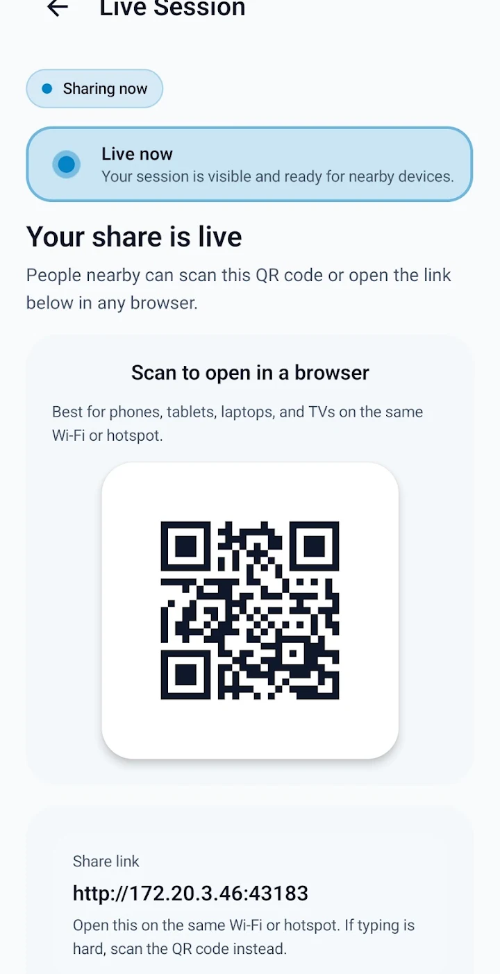 DirectServe screenshot — open session with link and QR code for nearby devices