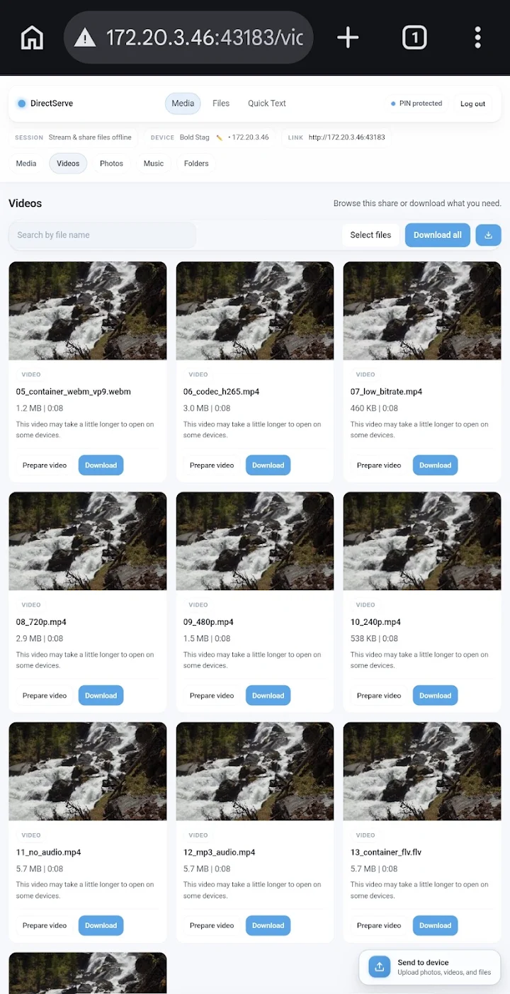 DirectServe screenshot — browse and download shared files from any browser