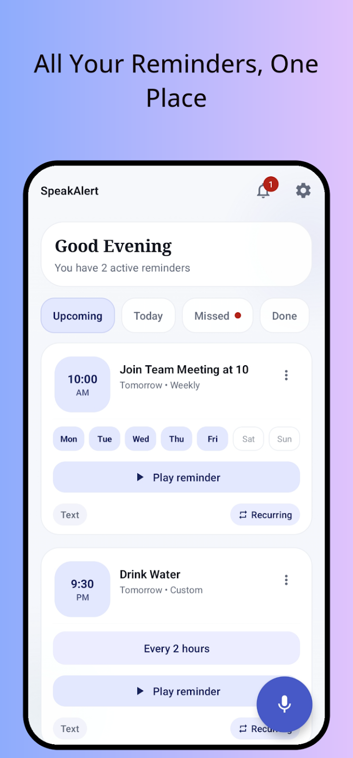 SpeakAlert screenshot — create a voice or text-to-speech reminder